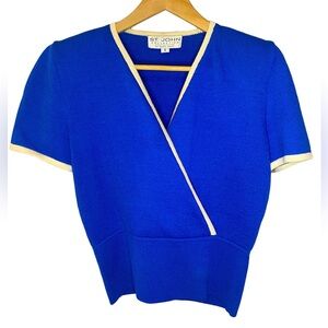 St. John Collection By Marie Gray Blue Wrap Short Sleeve Rib Sweater Knit Shirt